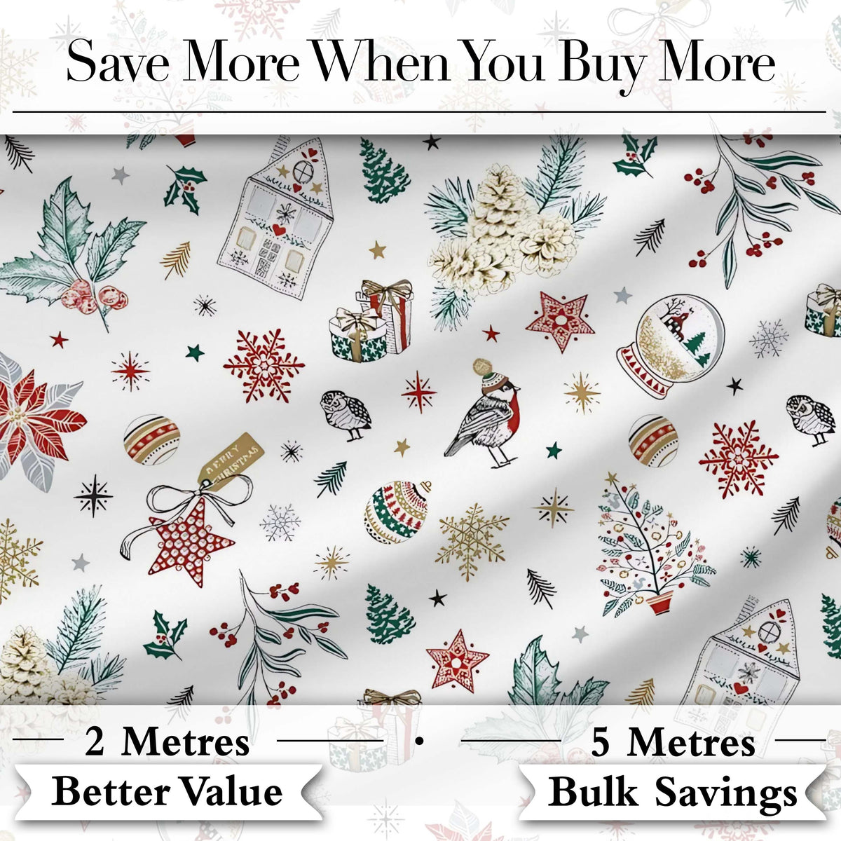 Vintage Christmas Ornaments Snowflakes Birds Seamless Pattern Digital Print Fabric by the Metre UK Sewing Quilting Textile