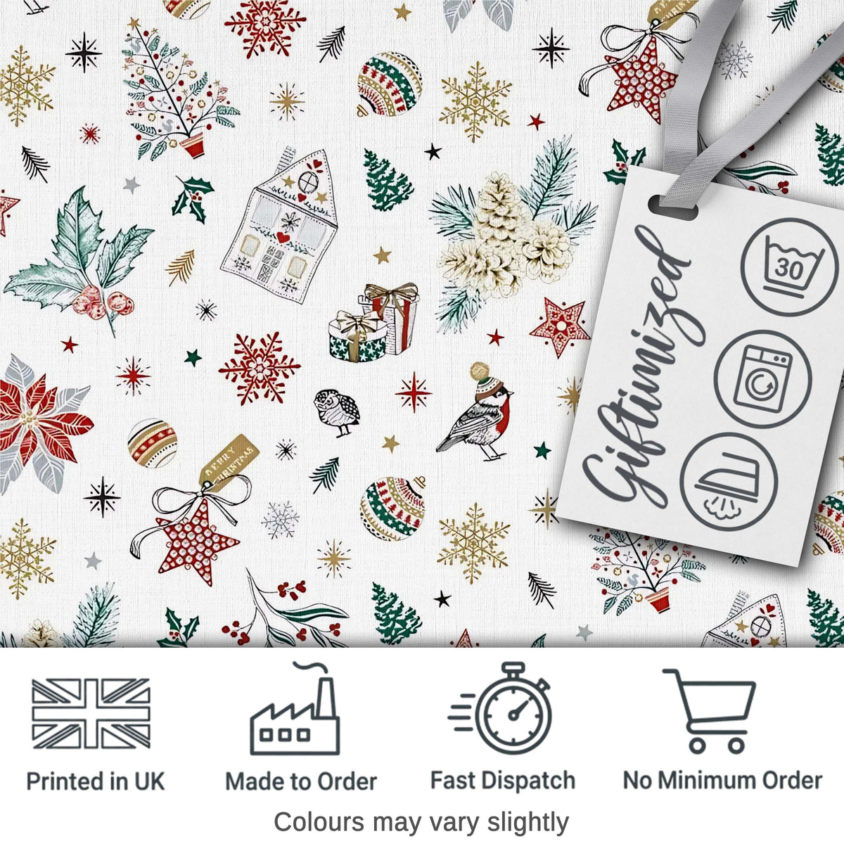 Vintage Christmas Ornaments Snowflakes Birds Seamless Pattern Digital Print Fabric by the Metre UK Sewing Quilting Textile