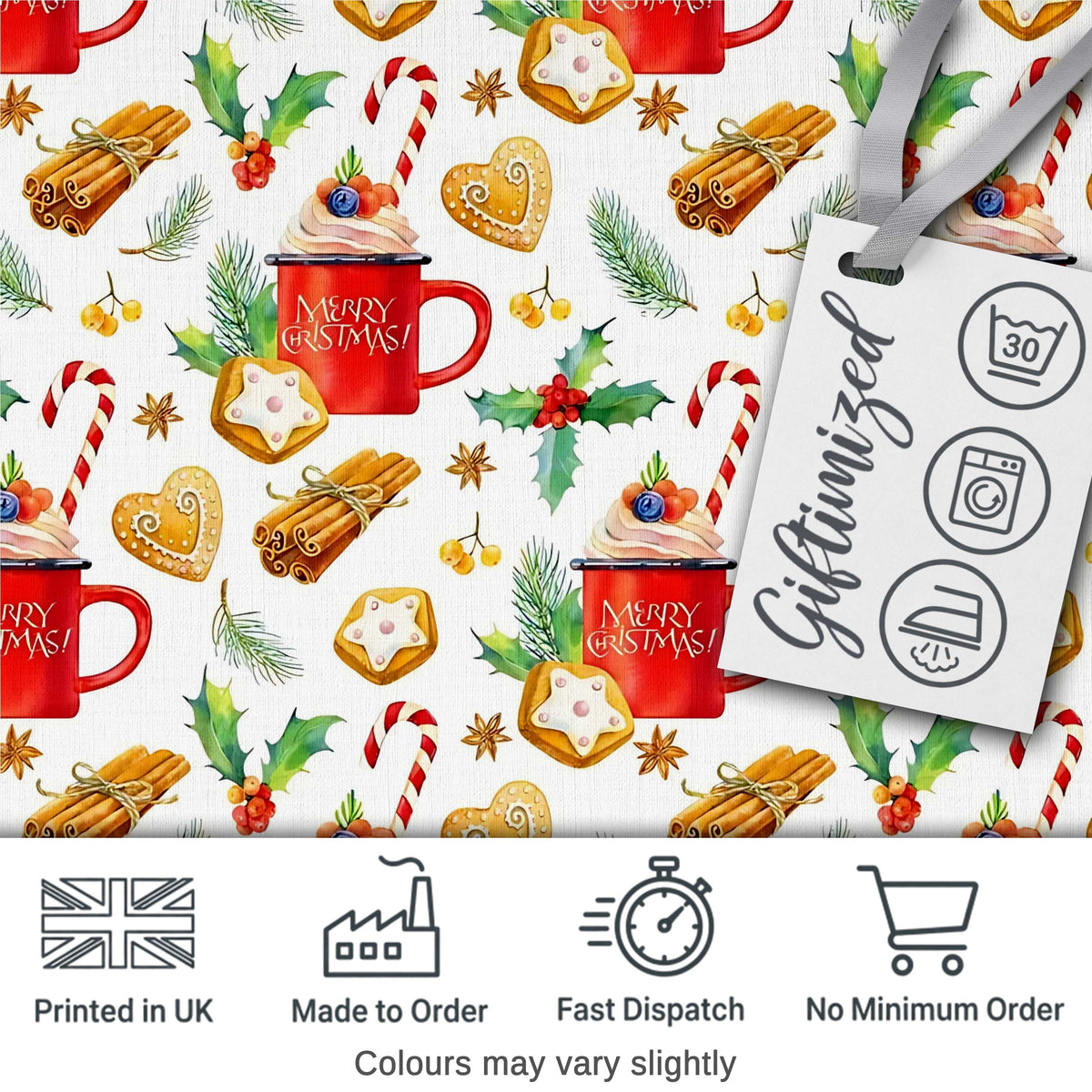 Christmas Mug Cookies Candy Cane Cinnamon Seamless Pattern Digital Print Fabric by the Metre UK Sewing Quilting Textile