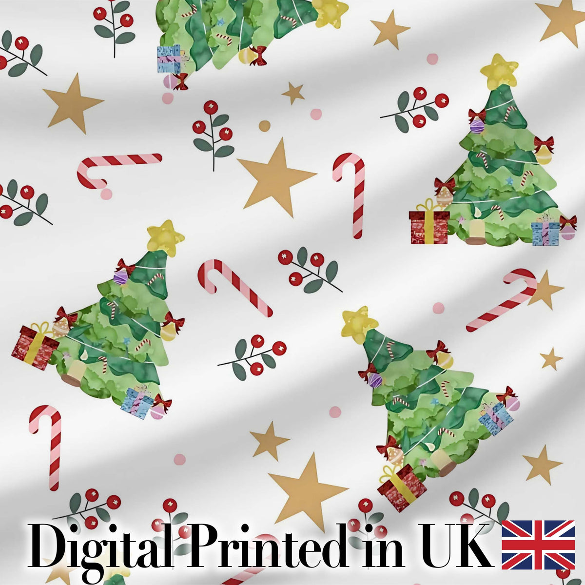 Cute Christmas Tree Candy Cane Stars Gift Seamless Pattern Digital Print Fabric by the Metre UK Sewing Quilting Textile