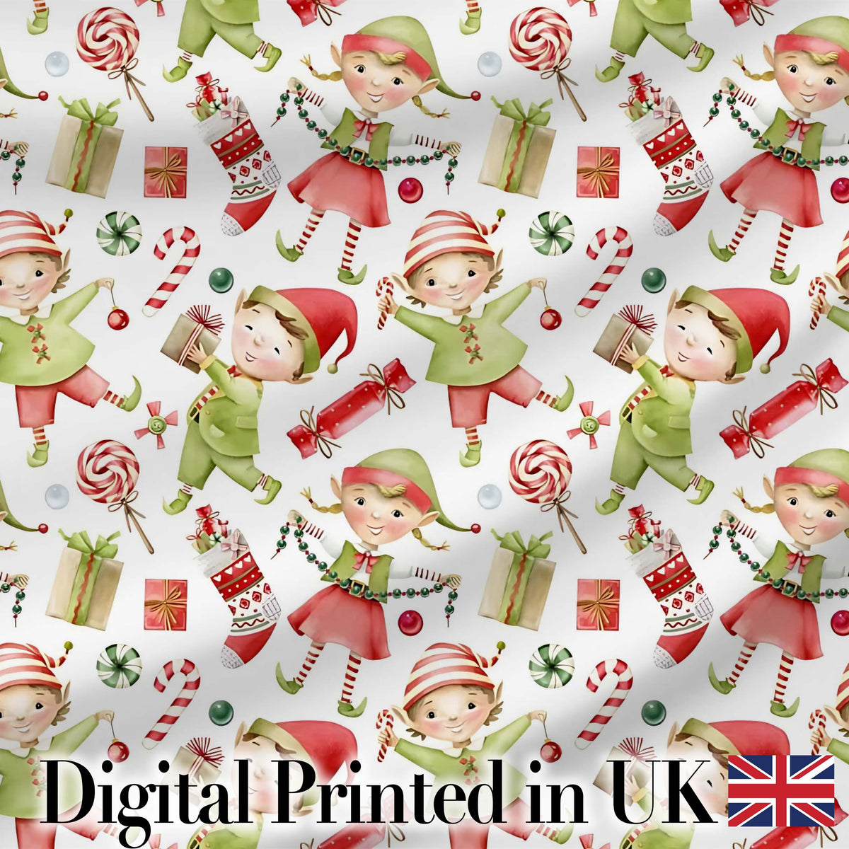 Cute Christmas Elves Candy Cane Gifts Seamless Pattern Digital Print Fabric by the Metre UK Sewing Quilting Textile