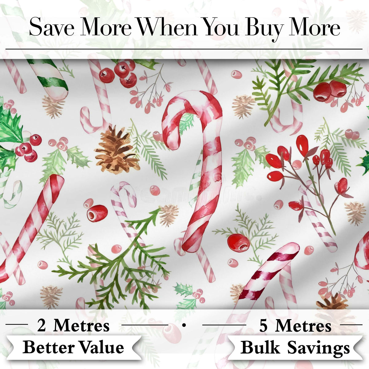 Watercolor Candy Cane Holly Berry Pinecone Christmas Seamless Pattern Digital Print Fabric by the Metre UK Sewing Quilting Textile