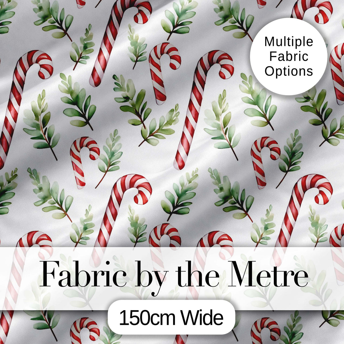Minimal Candy Cane Leaf Botanical Christmas Seamless Pattern Digital Print Fabric by the Metre UK Sewing Quilting Textile