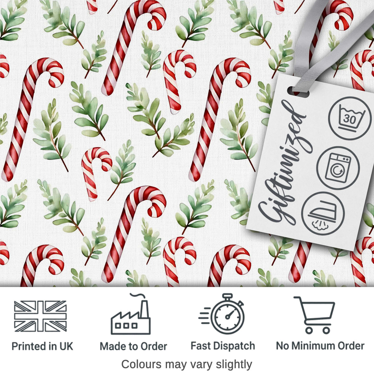 Minimal Candy Cane Leaf Botanical Christmas Seamless Pattern Digital Print Fabric by the Metre UK Sewing Quilting Textile