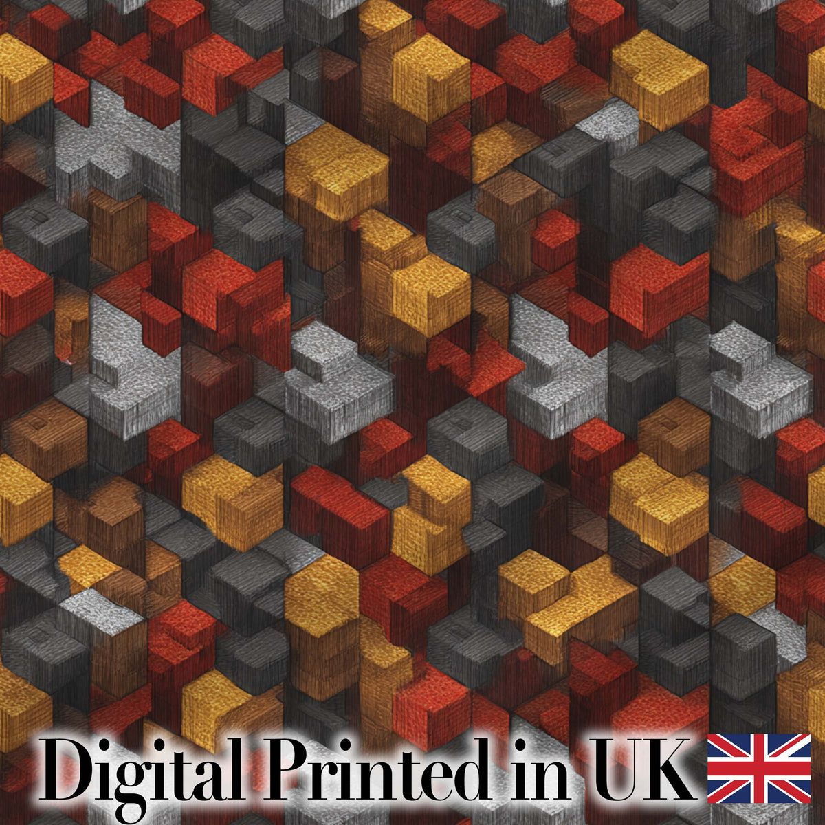Red Gold Grey 3D Block Abstract Seamless Pattern Digital Print Fabric by the Metre UK Sewing Quilting Textile