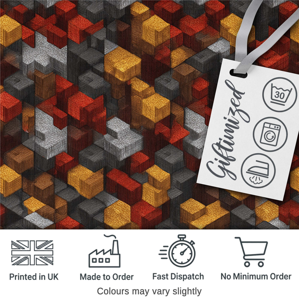 Red Gold Grey 3D Block Abstract Seamless Pattern Digital Print Fabric by the Metre UK Sewing Quilting Textile