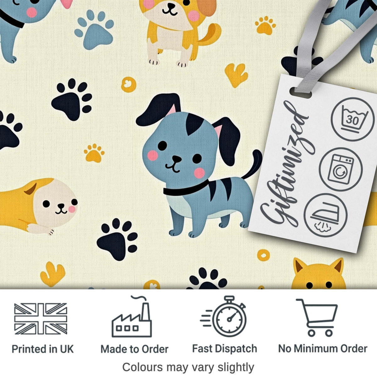 Cute Cartoon Puppies and Paw Prints Kawaii Style Seamless Pattern Digital Print Fabric by the Metre UK Sewing Quilting Textile