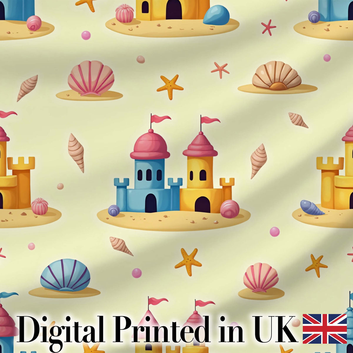 Cute Sandcastles Seashells and Starfish Beach Theme Seamless Pattern Digital Print Fabric by the Metre UK Sewing Quilting Textile