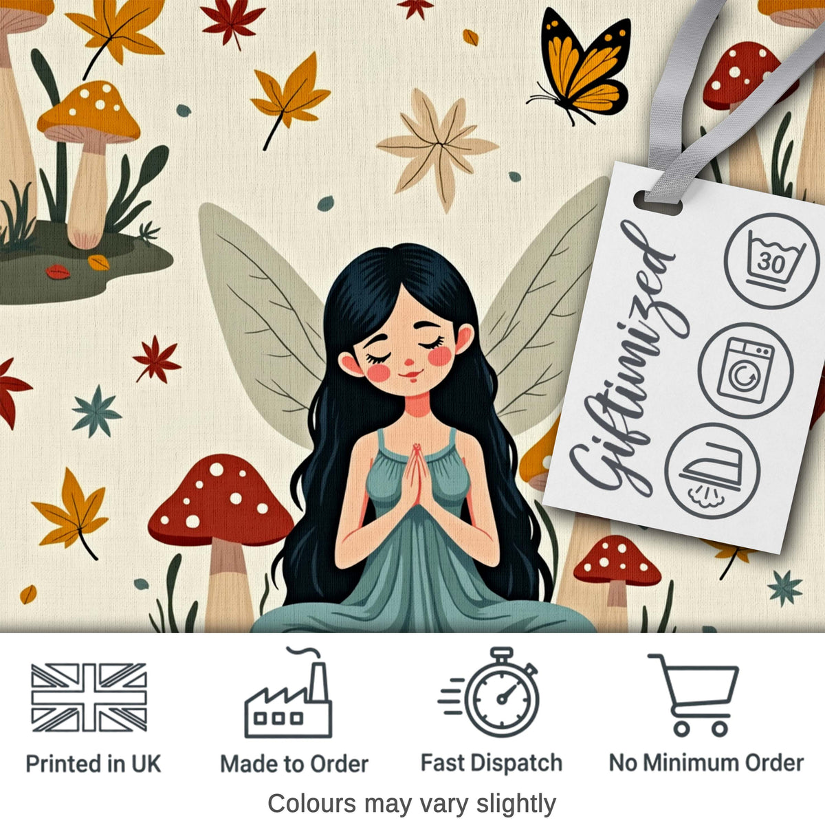 Cute Fairy with Mushrooms Butterflies Autumn Leaves Seamless Pattern Digital Print Fabric by the Metre UK Sewing Quilting Textile