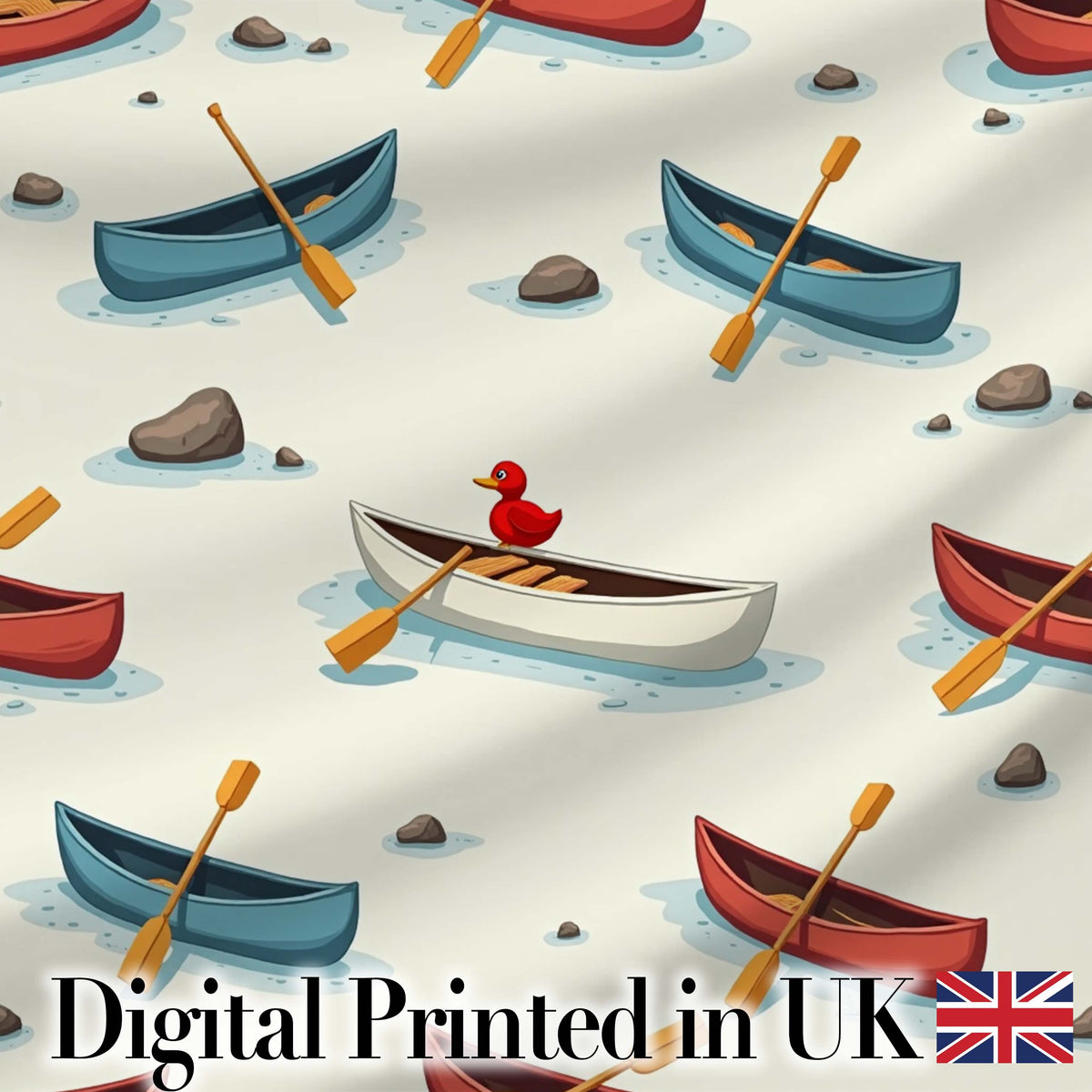 Cute Canoes with Duck Lake Water Adventure Seamless Pattern Digital Print Fabric by the Metre UK Sewing Quilting Textile