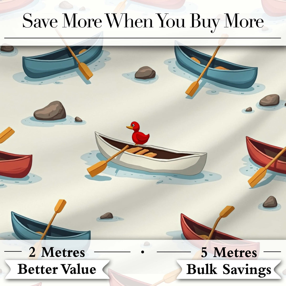 Cute Canoes with Duck Lake Water Adventure Seamless Pattern Digital Print Fabric by the Metre UK Sewing Quilting Textile
