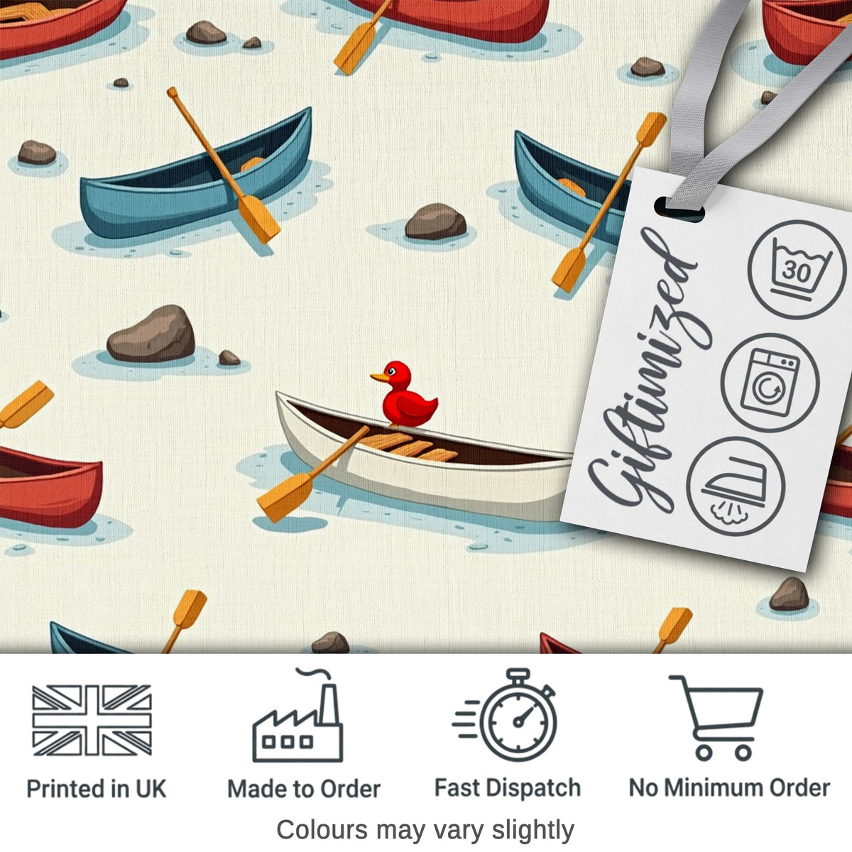 Cute Canoes with Duck Lake Water Adventure Seamless Pattern Digital Print Fabric by the Metre UK Sewing Quilting Textile