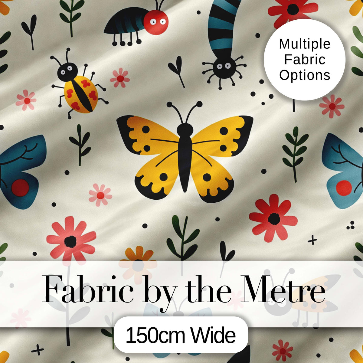 Cute Butterflies Ladybugs Flowers Garden Insects Seamless Pattern Digital Print Fabric by the Metre UK Sewing Quilting Textile
