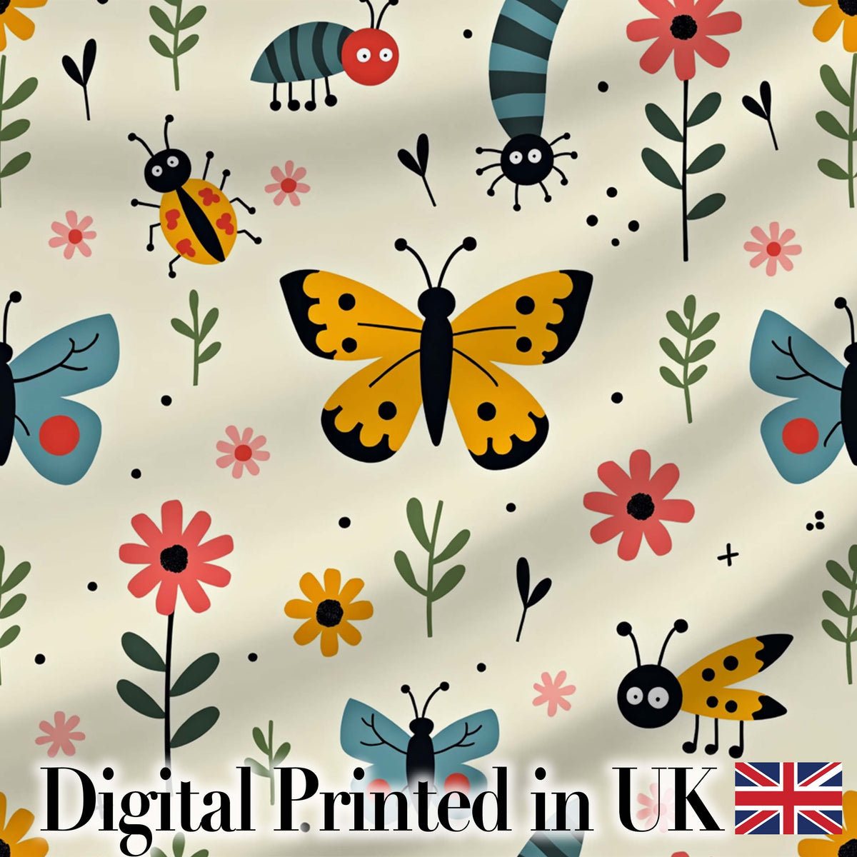 Cute Butterflies Ladybugs Flowers Garden Insects Seamless Pattern Digital Print Fabric by the Metre UK Sewing Quilting Textile