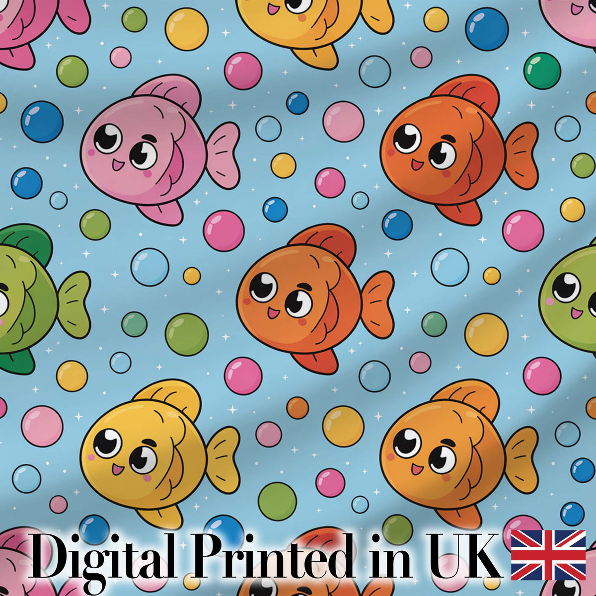 Cute Colorful Fish Bubbles Underwater Kawaii Seamless Pattern Digital Print Fabric by the Metre UK Sewing Quilting Textile