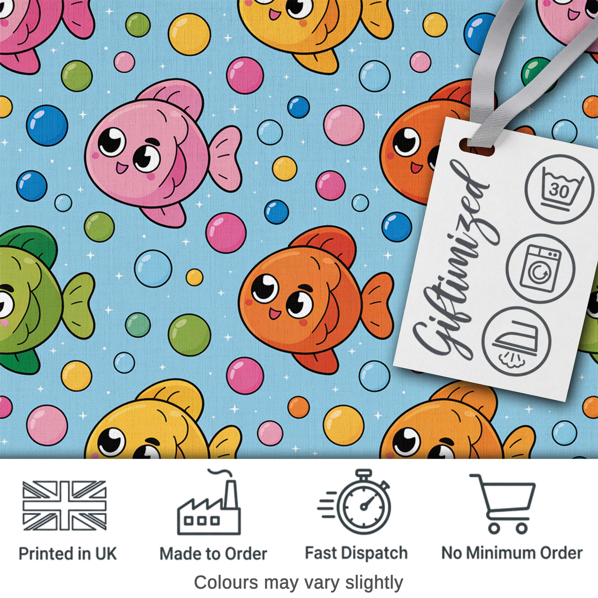 Cute Colorful Fish Bubbles Underwater Kawaii Seamless Pattern Digital Print Fabric by the Metre UK Sewing Quilting Textile