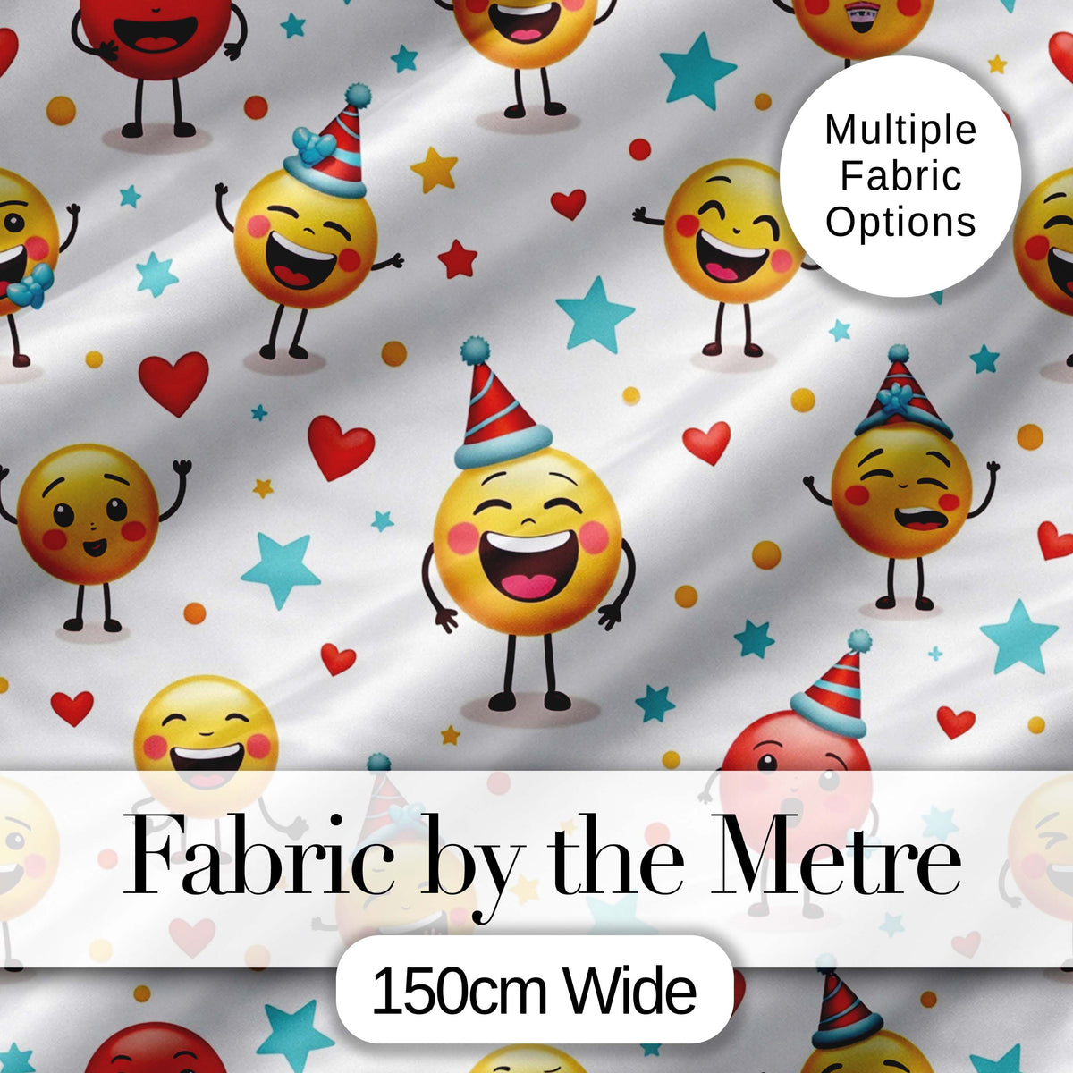 Cute Happy Emoji Faces Party Hats Celebration Seamless Pattern Digital Print Fabric by the Metre UK Sewing Quilting Textile