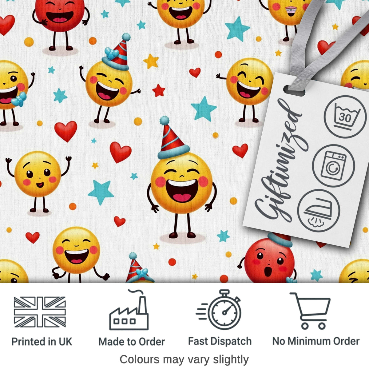 Cute Happy Emoji Faces Party Hats Celebration Seamless Pattern Digital Print Fabric by the Metre UK Sewing Quilting Textile