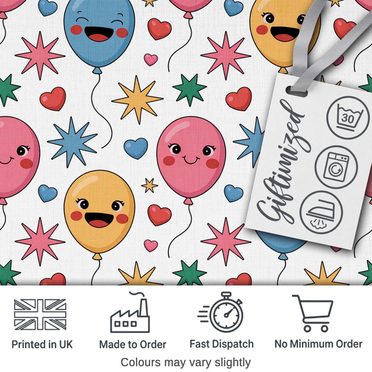 Cute Colorful Balloons Hearts and Starbursts Party Seamless Pattern Digital Print Fabric by the Metre UK Sewing Quilting Textile