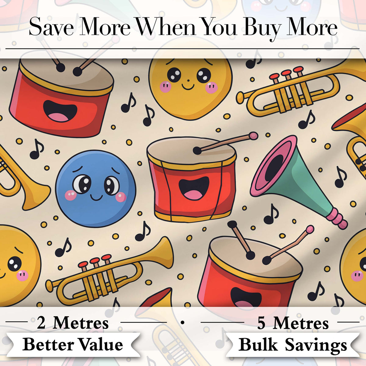 Cute Musical Instruments Notes Cartoon Fun Seamless Pattern Digital Print Fabric by the Metre UK Sewing Quilting Textile