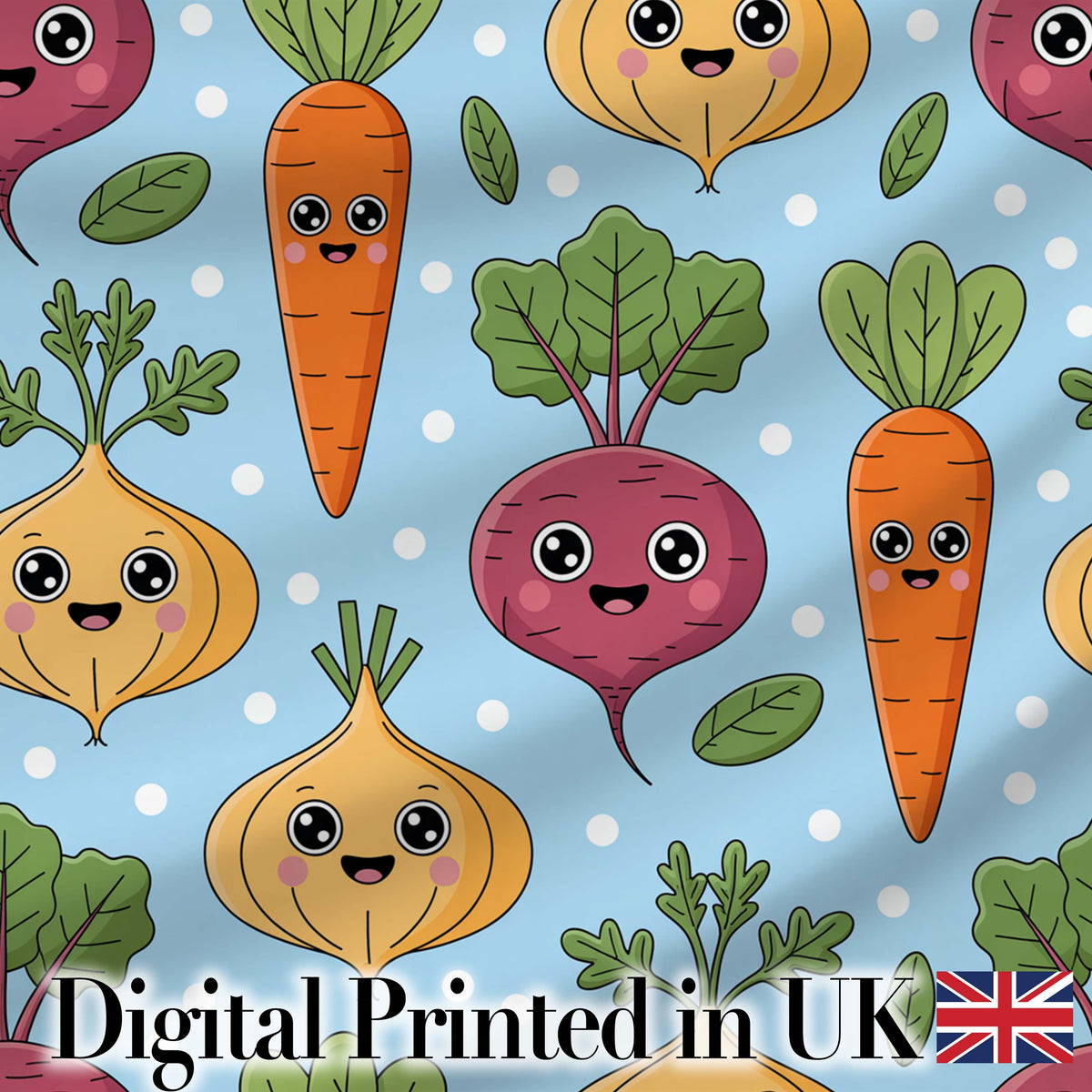 Cute Happy Vegetables Carrots Beetroot Onion Garden Seamless Pattern Digital Print Fabric by the Metre UK Sewing Quilting Textile