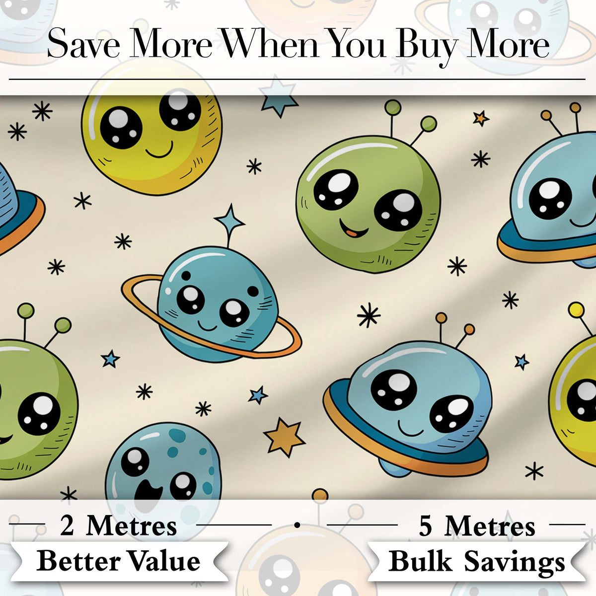 Cute Kawaii Space Planets Aliens Stars Galaxy Seamless Pattern Digital Print Fabric by the Metre UK Sewing Quilting Textile