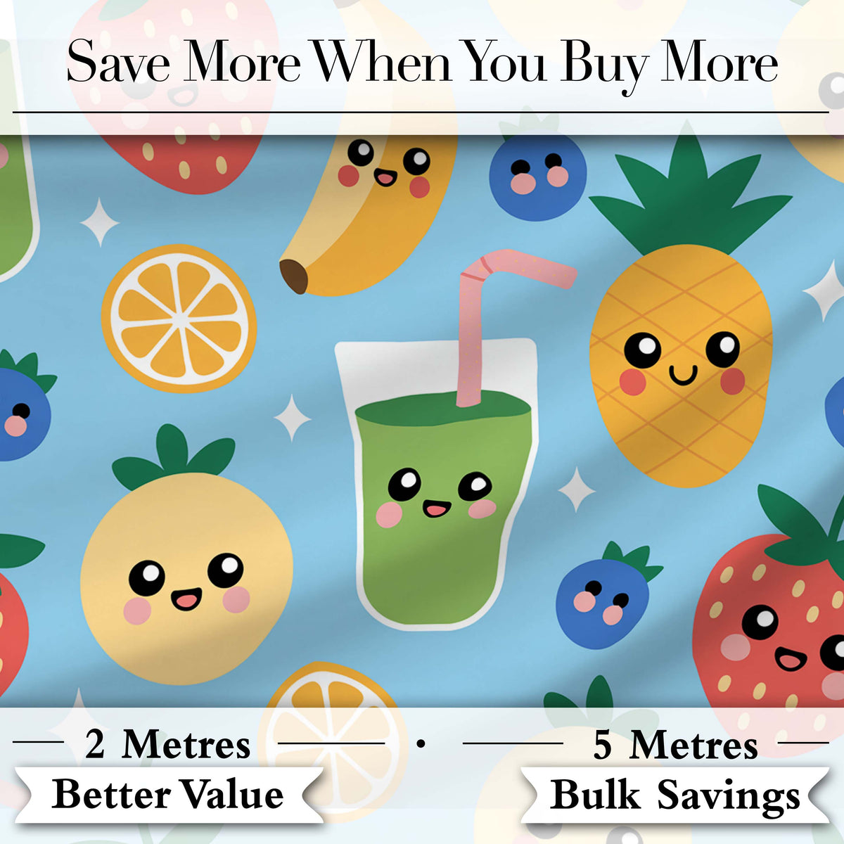 Cute Kawaii Fruits Smoothie Banana Strawberry Pineapple Seamless Pattern Digital Print Fabric by the Metre UK Sewing Quilting Textile