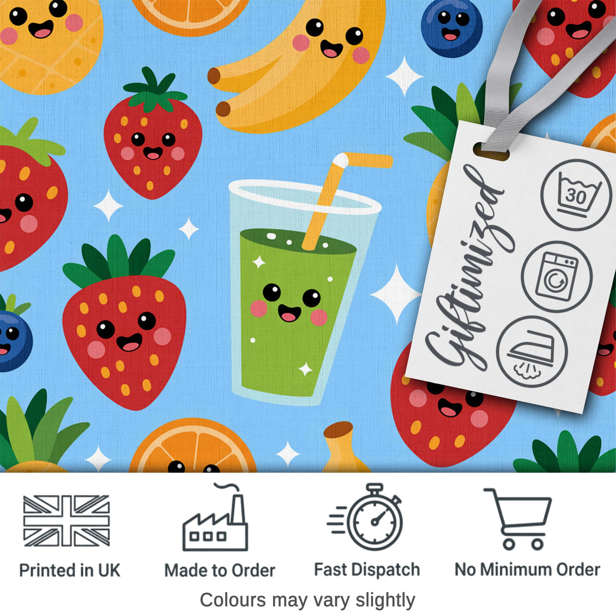 Cute Kawaii Fruits Juice Drink Strawberry Banana Orange Seamless Pattern Digital Print Fabric by the Metre UK Sewing Quilting Textile