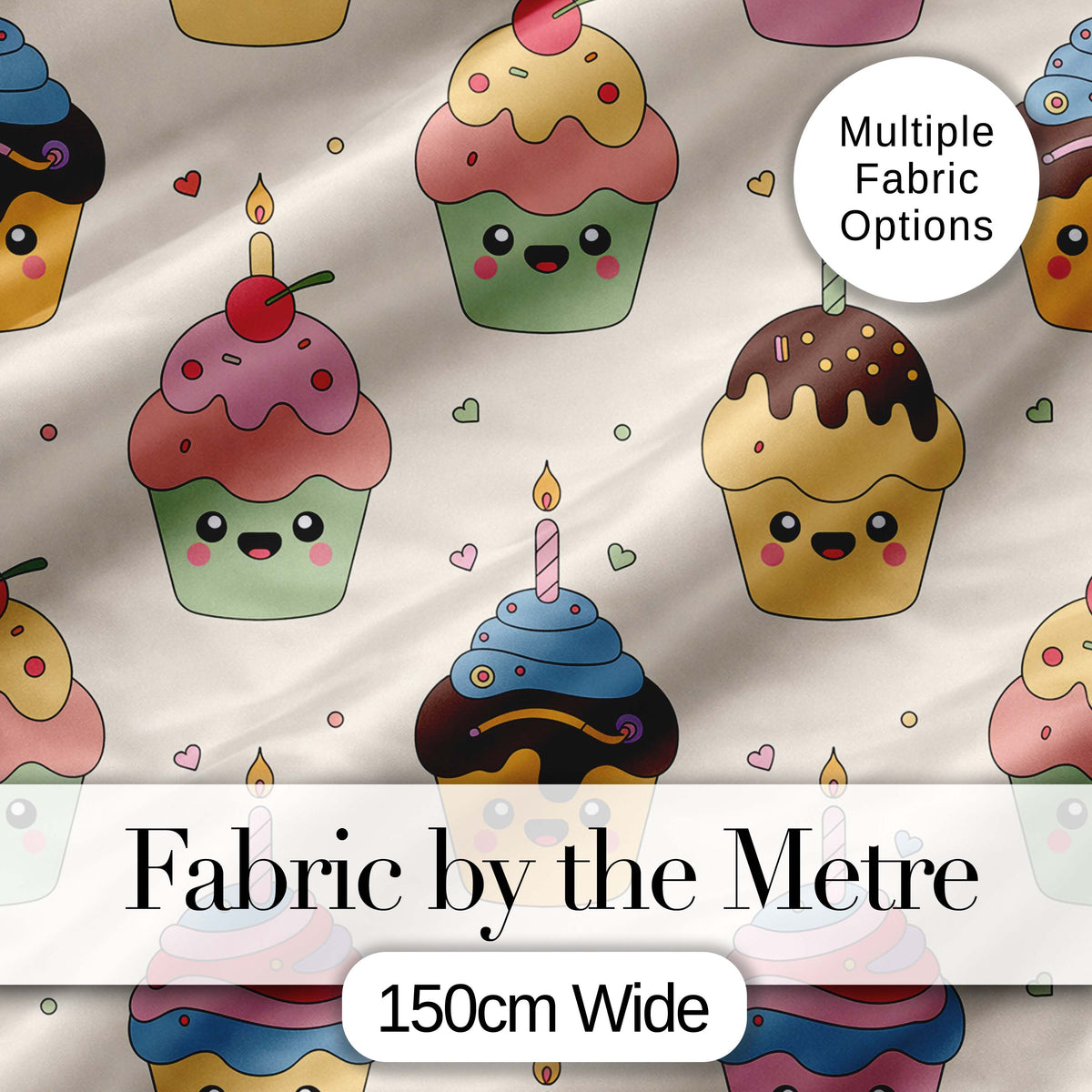 CuteKawaii Birthday Cupcakes Cherry Candle Pastel Sweet Treats Seamless Pattern Digital Print Fabric by the Metre UK Sewing Quilting Textile