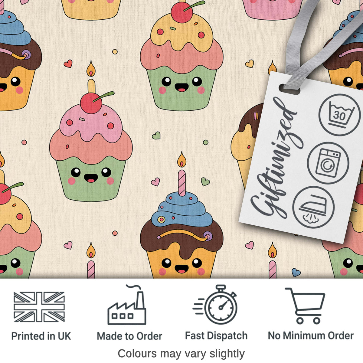 CuteKawaii Birthday Cupcakes Cherry Candle Pastel Sweet Treats Seamless Pattern Digital Print Fabric by the Metre UK Sewing Quilting Textile