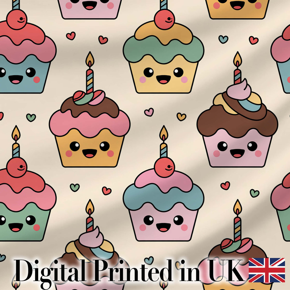Cute Kawaii Birthday Cupcakes Hearts Candle Sprinkles Pastel Seamless Pattern Digital Print Fabric by the Metre UK Sewing Quilting Textile