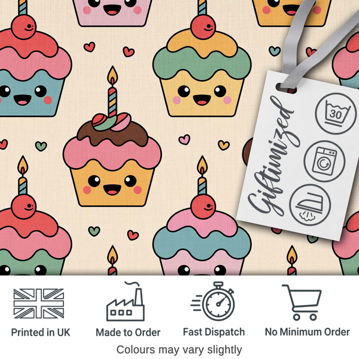 Cute Kawaii Birthday Cupcakes Hearts Candle Sprinkles Pastel Seamless Pattern Digital Print Fabric by the Metre UK Sewing Quilting Textile