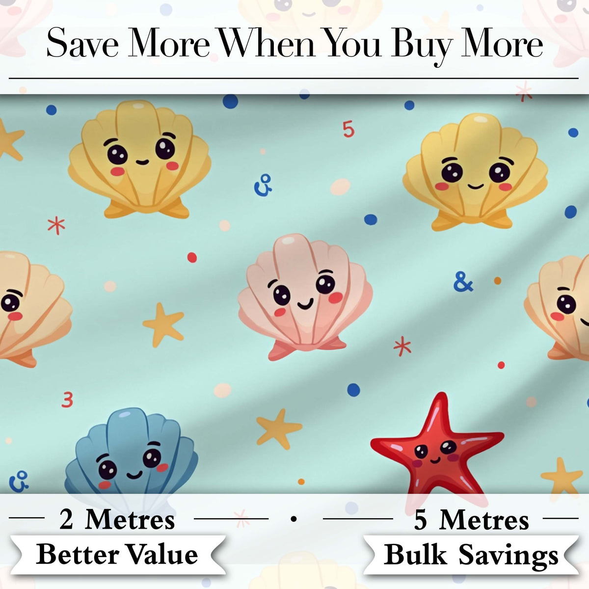 Cute Kawaii Seashells Starfish Ocean Beach Fun Seamless Pattern Digital Print Fabric by the Metre UK Sewing Quilting Textile