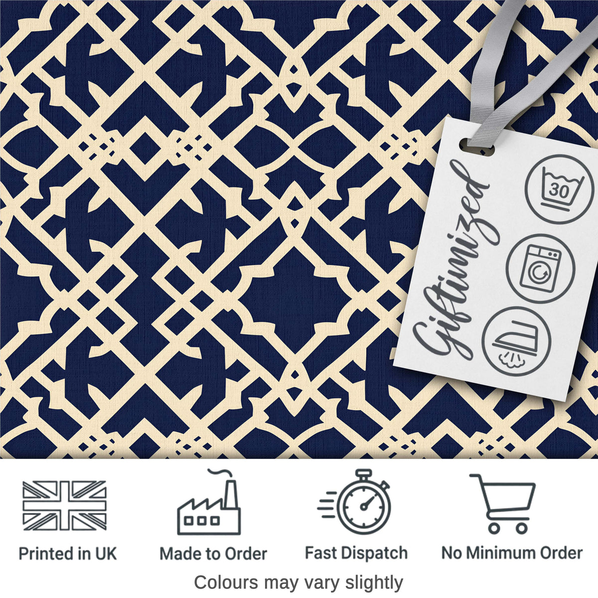 Navy Blue Moroccan Geometric Lattice Elegant Seamless Pattern Digital Print Fabric by the Metre UK Sewing Quilting Textile