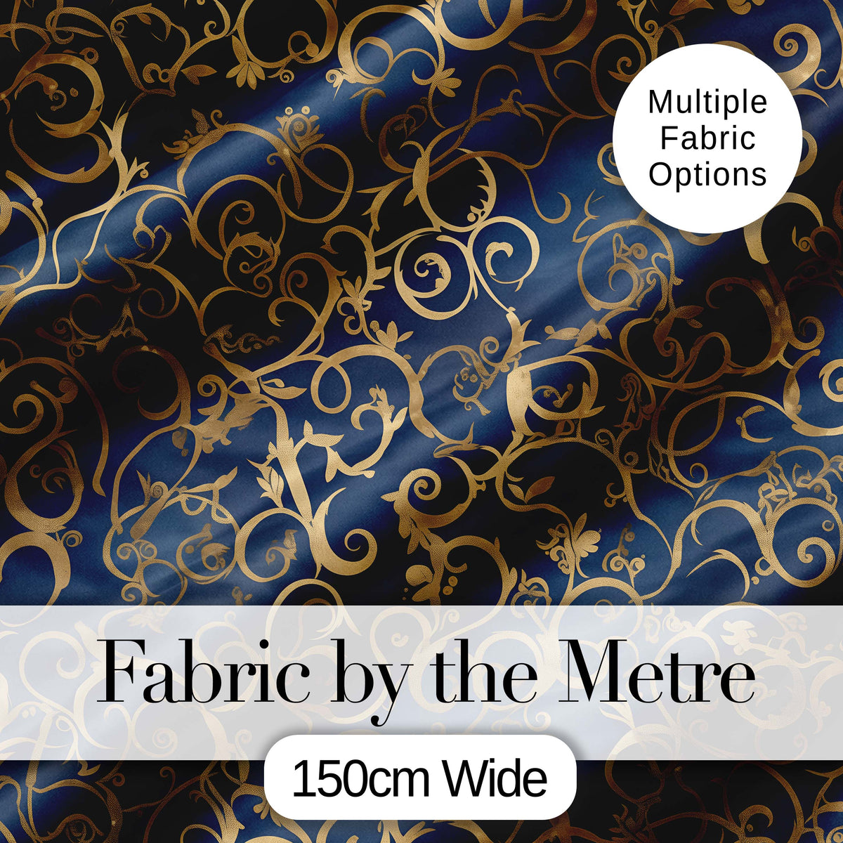 Luxury Gold Floral Vine Scroll on Deep Blue Elegant Seamless Pattern Digital Print Fabric by the Metre UK Sewing Quilting Textile