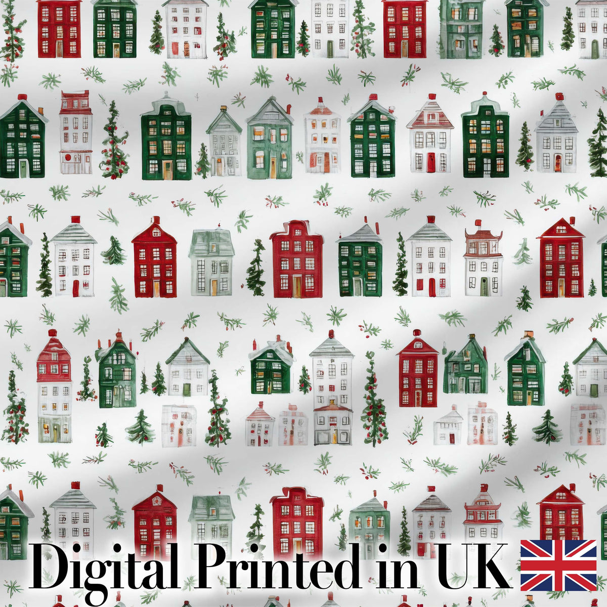Watercolor Holiday Village Houses Snowy Christmas Town Seamless Pattern Digital Print Fabric by the Metre UK Sewing Quilting Textile