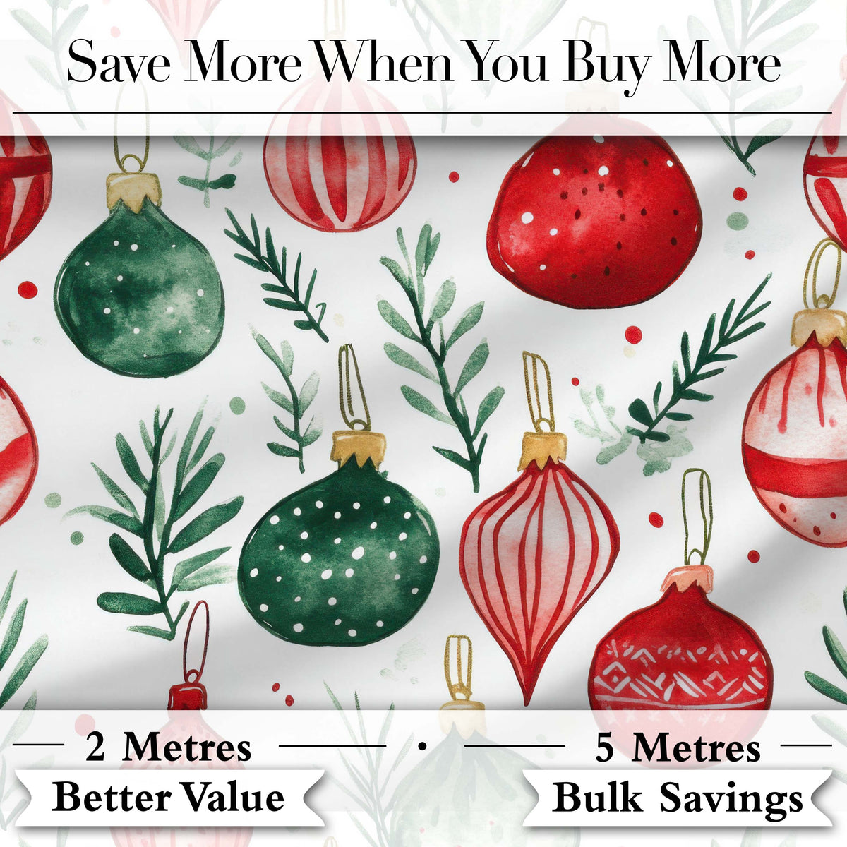 Watercolor Christmas Baubles Ornaments Festive Seamless Pattern Digital Print Fabric by the Metre UK Sewing Quilting Textile