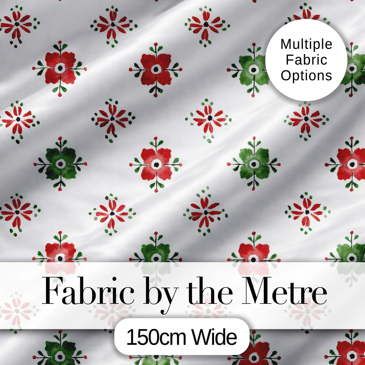 Watercolor Scandinavian Folk Floral Red Green Seamless Pattern Digital Print Fabric by the Metre UK Sewing Quilting Textile