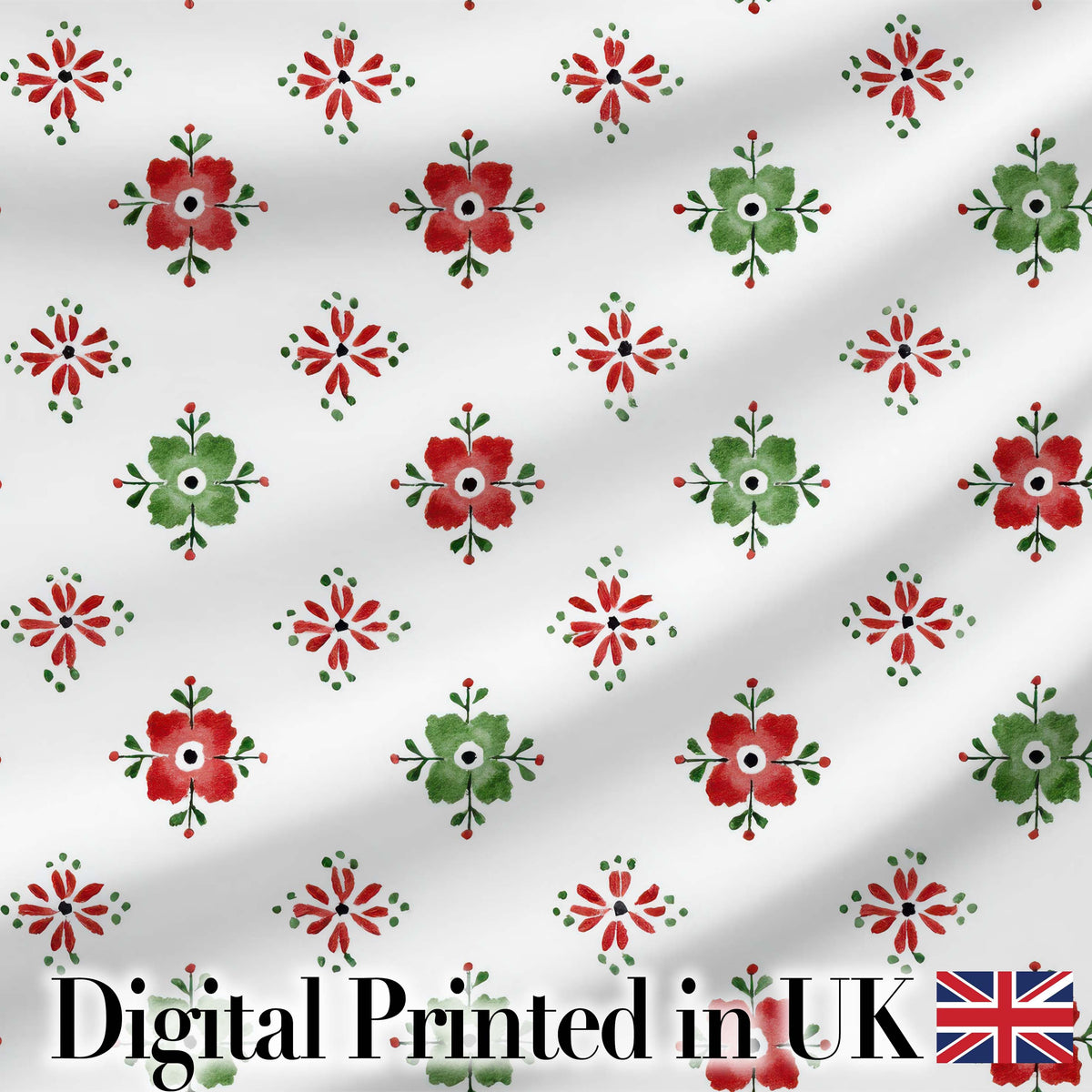 Watercolor Scandinavian Folk Floral Red Green Seamless Pattern Digital Print Fabric by the Metre UK Sewing Quilting Textile