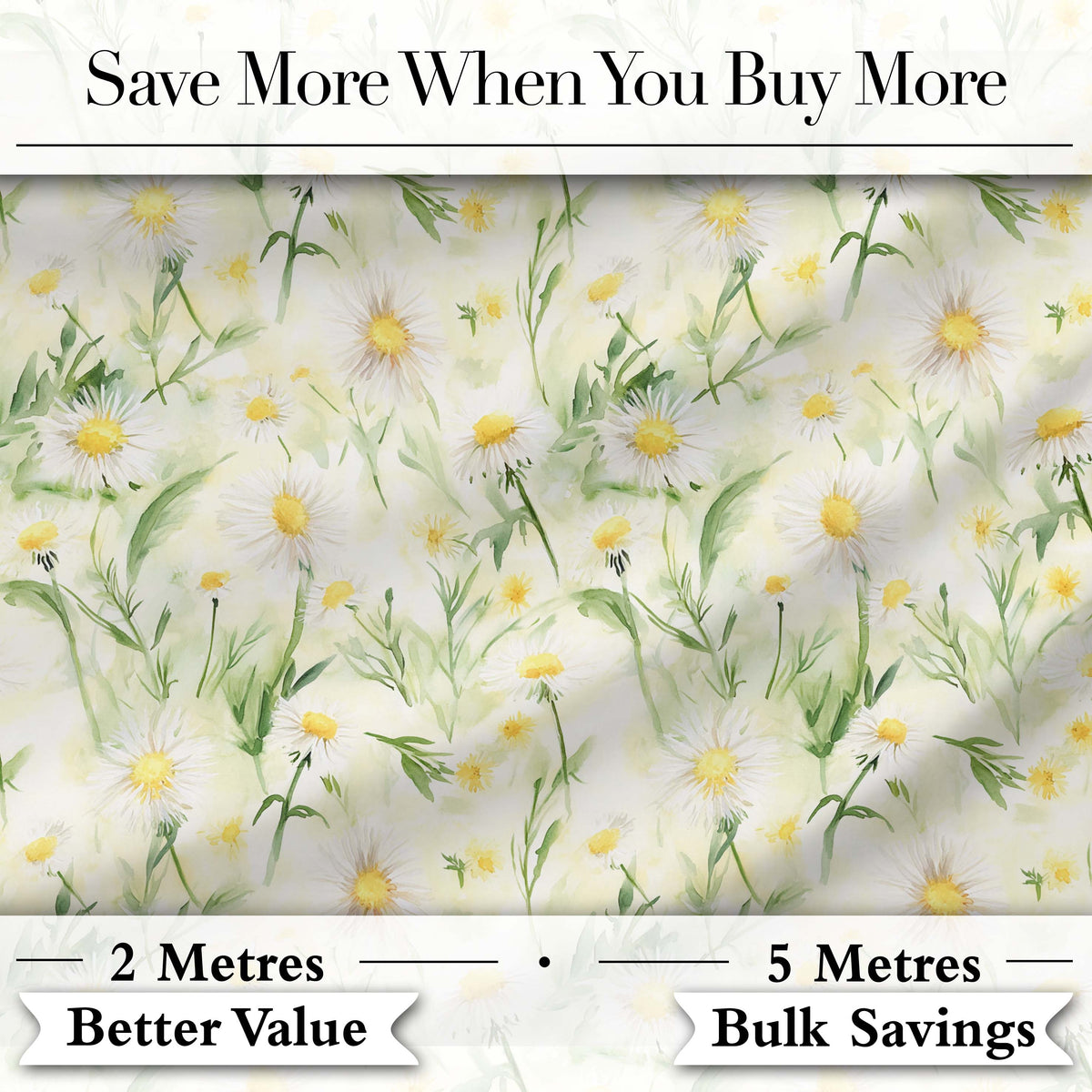 Watercolor Daisy Wildflower Meadow Botanical Seamless Pattern Digital Print Fabric by the Metre UK Sewing Quilting Textile