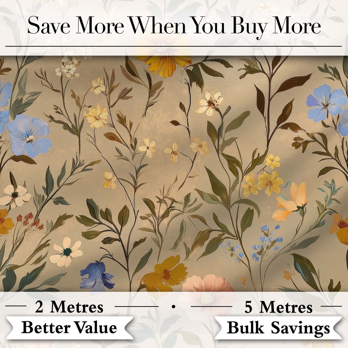 Elegant Garden Wildflowers in Soft Neutral Tones Seamless Pattern Digital Print Fabric by the Metre UK Sewing Quilting Textile