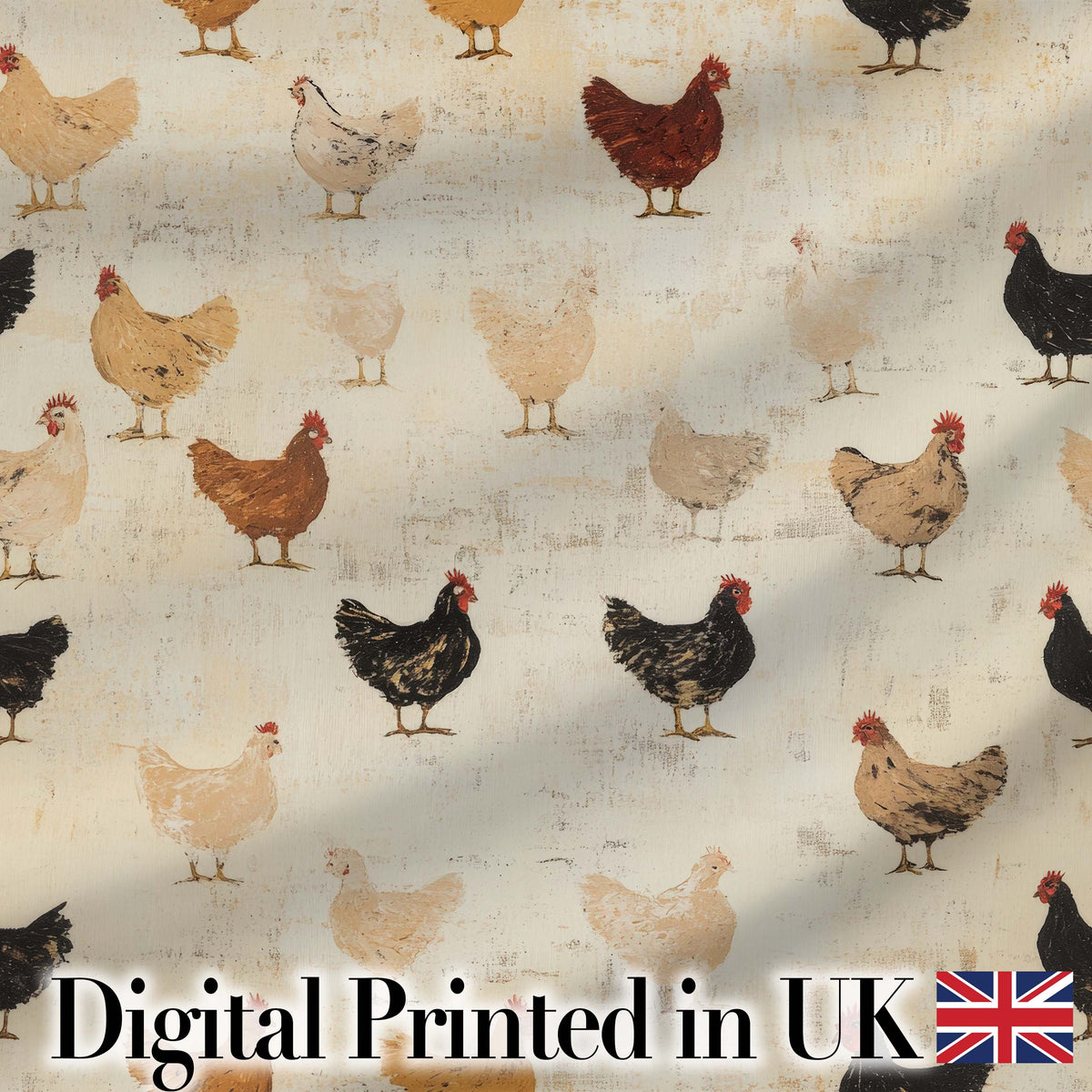 Rustic Chicken Hen Farmyard Illustration Seamless Pattern Digital Print Fabric by the Metre UK Sewing Quilting Textile