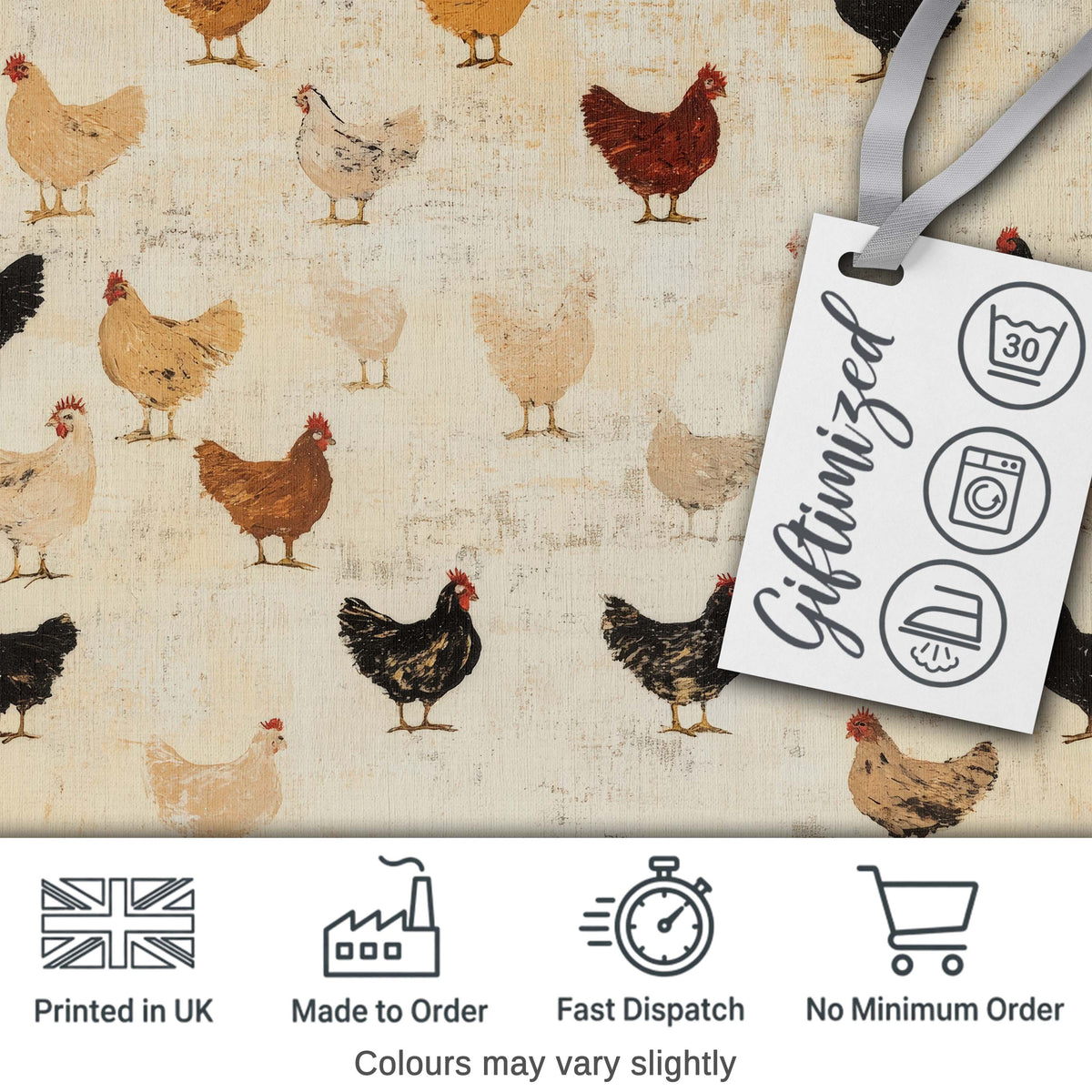 Rustic Chicken Hen Farmyard Illustration Seamless Pattern Digital Print Fabric by the Metre UK Sewing Quilting Textile