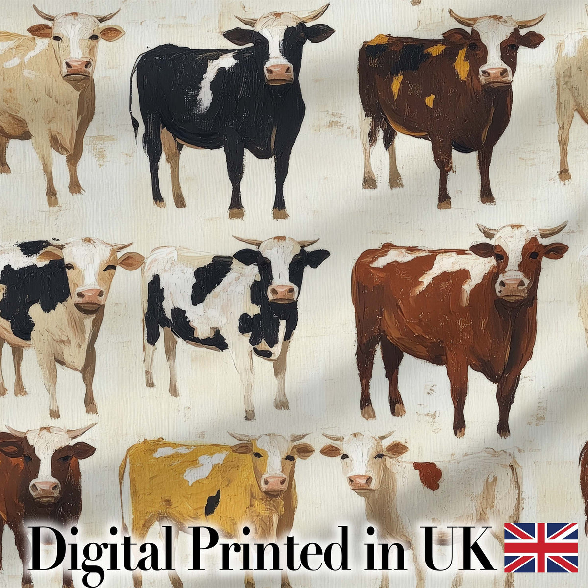 Classic Cow Herd Farm Animal Illustration Seamless Pattern Digital Print Fabric by the Metre UK Sewing Quilting Textile