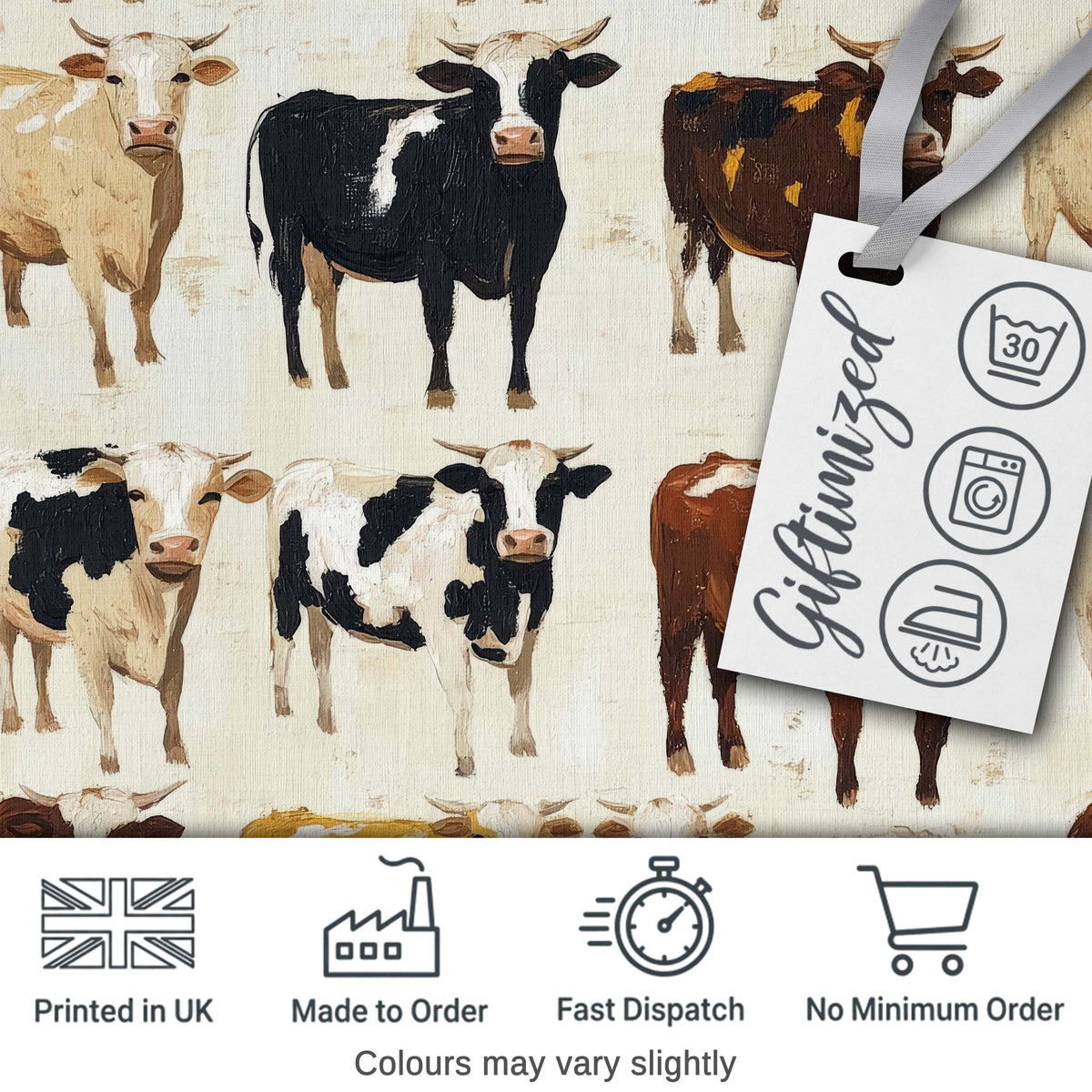 Classic Cow Herd Farm Animal Illustration Seamless Pattern Digital Print Fabric by the Metre UK Sewing Quilting Textile