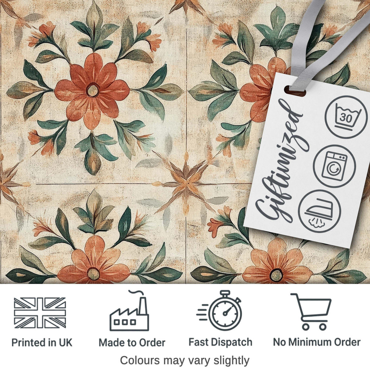 Vintage Tile Style Floral Motif Soft Neutral Seamless Pattern Digital Print Fabric by the Metre UK Sewing Quilting Textile