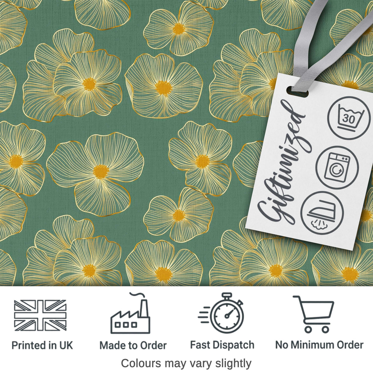 Luxury Teal Background Gold Line Floral Blossoms Elegant Seamless Pattern Digital Print Fabric by the Metre UK Sewing Quilting Textile