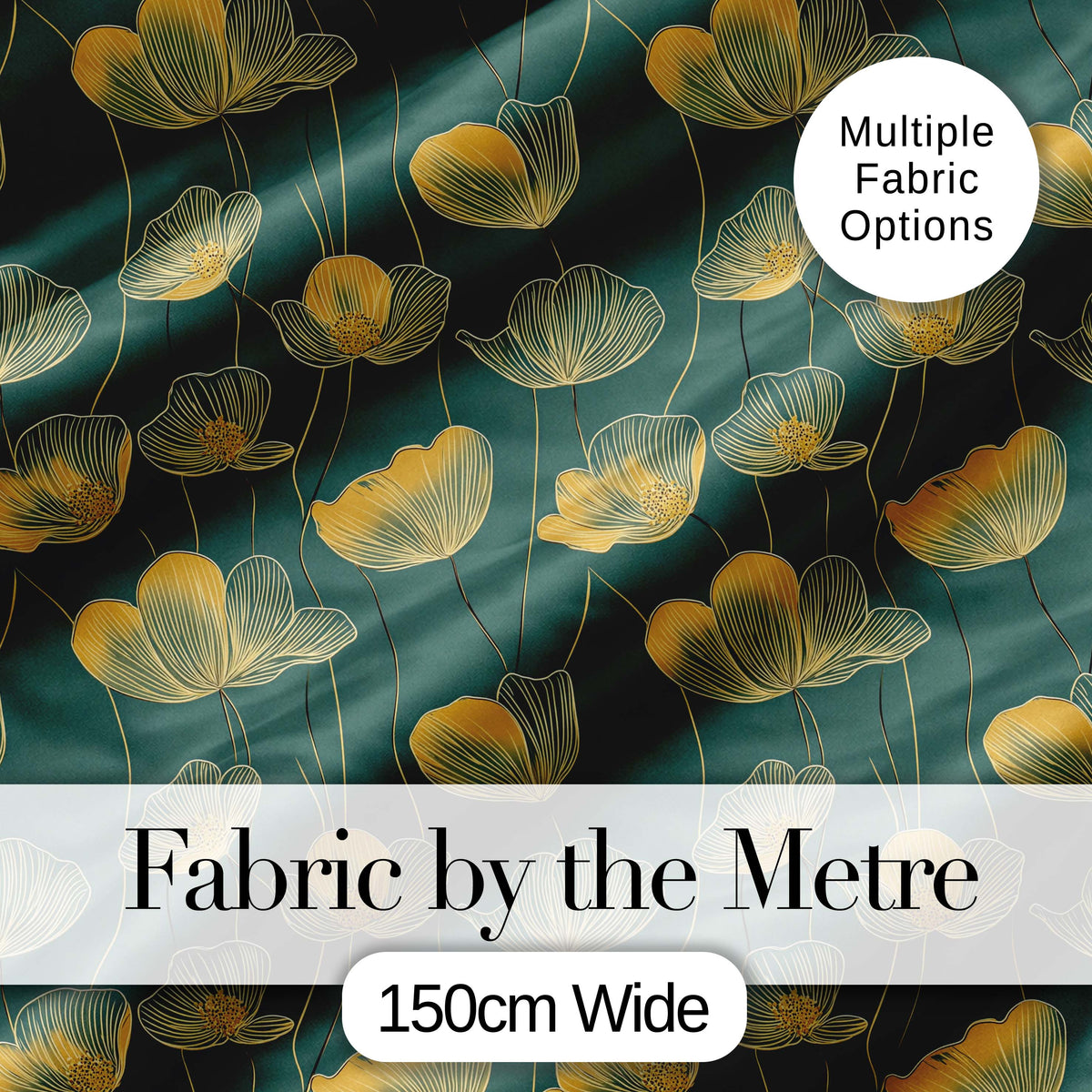 Art Deco Inspired Gold Floral Outline on Deep Teal Background Seamless Pattern Digital Print Fabric by the Metre UK Sewing Quilting Textile