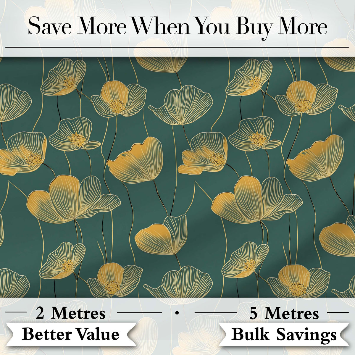 Art Deco Inspired Gold Floral Outline on Deep Teal Background Seamless Pattern Digital Print Fabric by the Metre UK Sewing Quilting Textile