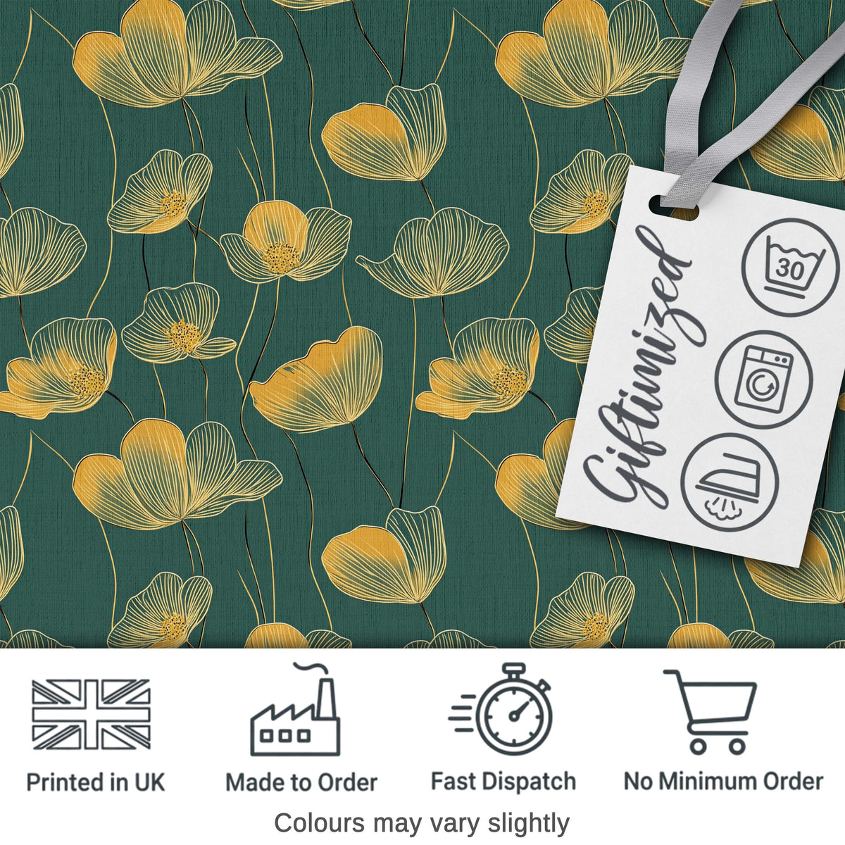 Art Deco Inspired Gold Floral Outline on Deep Teal Background Seamless Pattern Digital Print Fabric by the Metre UK Sewing Quilting Textile
